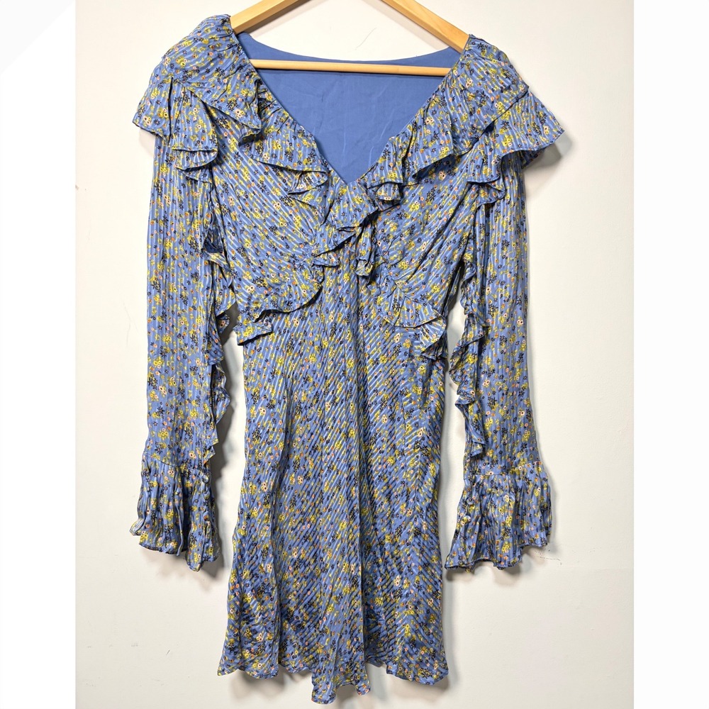 Free People Blue Floral Stripe Ruffle Mini Boho Cottagecore Y2K Womens Size 6